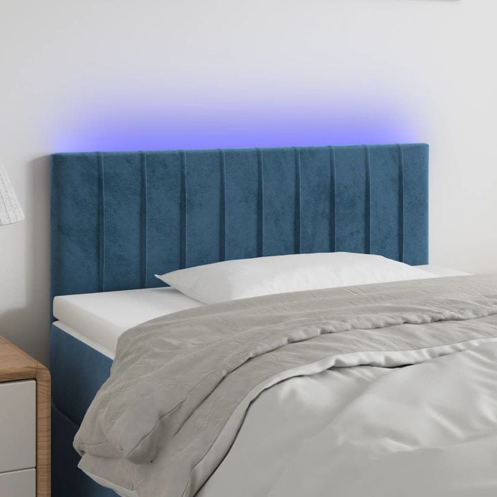 Vidaxl Čelo postele s LED tmavomodré 100x5x78/88 cm zamat